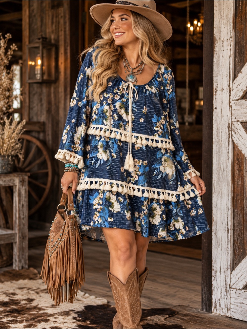 Boho Floral Tassel Tiered Mini Dress Navy Blue Cream Size L